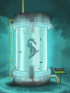 a drawing of a large tank with a shark on it's side in the water