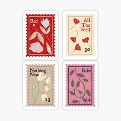 four postage stamps with flowers on them and the words red, all to wall, nothing new