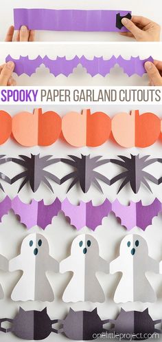 paper garlands with halloween ghost cutouts on them in purple, orange and white