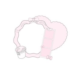 a drawing of a pink frame with a ribbon around it and a cup of coffee on the side