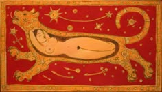 a painting of a woman laying on top of a cat with stars in the background