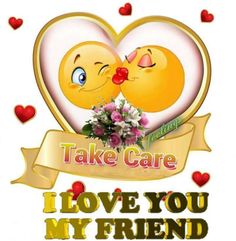 i love you my friend with two yellow hearts and flowers on it's side