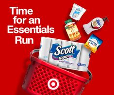 an advertisement for scott's laundry products on a red background with the words time for an essentials run