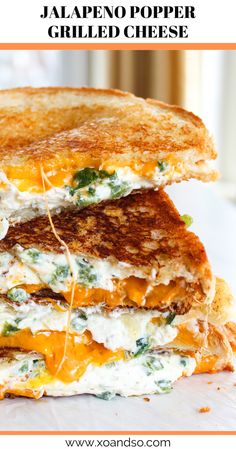 two grilled cheese sandwiches stacked on top of each other with text overlay that reads jalapeno popper grilled cheese