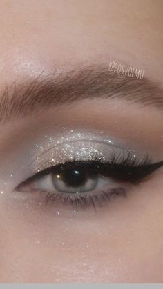 a woman's eye with silver glitter on the lids and bottom half of her eyes