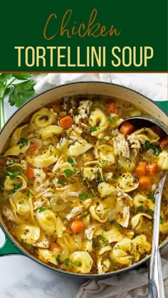 chicken tortellini soup in a large pot with a spoon and parsley on the side