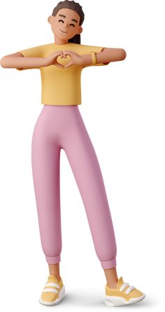 a woman in yellow shirt and pink pants standing with her arms folded over her chest