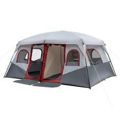 a tent with the door open and windows closed on it's side, in front of a white background