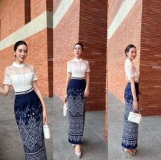 Unique Design. The clothes can be used in various occasions. Traditional Thai Set of White Lace Blouse Navy Sarong Skirt and Belt Thai Occasional Clothes Wedding Dress Cambodian Traditional Dress, Blouse And Skirt Outfit Wedding, Khmer Traditional Dress Wedding Attire, ထိုင်မသိမ်း Design, Kebaya Thailand, Thai Outfits, Laos Clothing, Burmese Dress, Dress Topper