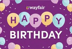 happy birthday card with balloons and confetti on purple background for wayfair