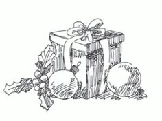 a black and white drawing of a present box with baubles, holly and mist