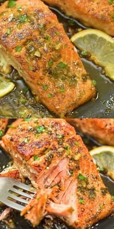 salmon with herbs and lemons cooking in a skillet