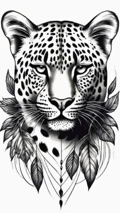 a black and white drawing of a leopard with feathers on it's head,