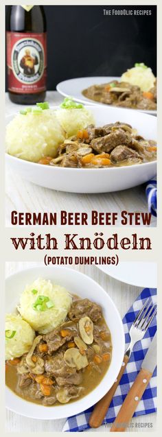 two white plates topped with beef stew and mashed potatoes next to a bottle of beer