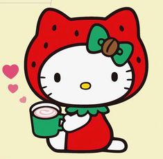 a hello kitty holding a cup of coffee and wearing a red bow on her head