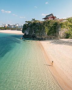 an aerial view of a beach with people walking on it