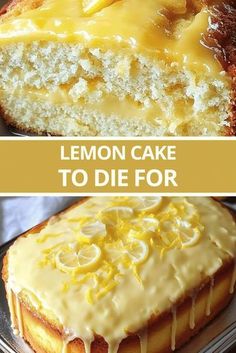 lemon cake with white icing on top and yellow frosting on the bottom, two pictures side by side