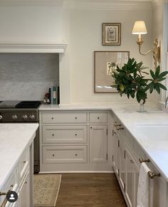 a kitchen with white cabinets and marble counter tops