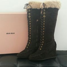 Capra Winter Studded Boots Outfit, Miu Miu Boots, Below The Knee Boots, Vintage Miu Miu, Fur Top, Miu Miu Shoes, Studded Boots, Fur Boots, Boots Outfit