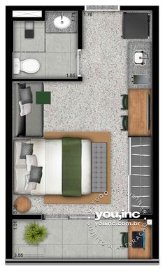 an overhead view of a bedroom and living room in a small apartment with floor plans