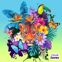 a painting of a leopard surrounded by tropical flowers and butterflies