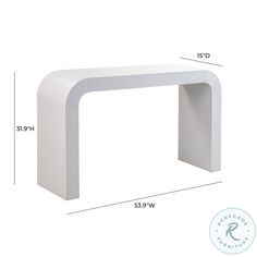 a white table with measurements for the top and bottom section, including an arch shaped shelf