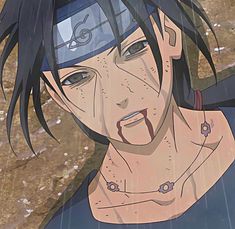 an anime character with black hair and piercings on his face is standing in the rain