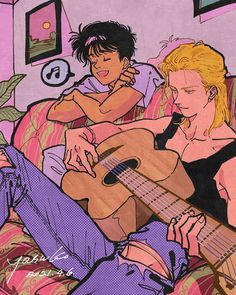 two people sitting on a couch with a guitar in their lap and one playing the guitar