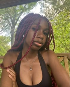 Black Red Braids, Darkskin Braids Colors, Red French Braids Black Women, Black To Red Braids, Dark Skin Braids Color, Red Box Braids Hairstyles, Peek A Boo Box Braids Red, Black Cherry Braids, Deep Red Knotless Braids