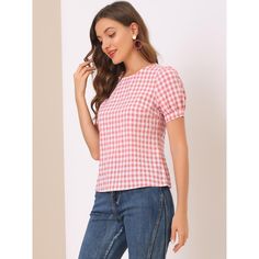 Made from lightweight woven, this versatile top is a summer staple that can be styled with just about anything. With a regular silhouette, this cute summer staple gingham top features a crew neck and puff short sleeves, buttoned cuffs, a crew neckline, and a slightly boxy shape. Keyhole cutout and hidden top button at back. Puff short sleeves and a keyhole enhance the casual style of this sweet plaid shirt. Trendy Fitted Gingham Blouse, Summer Plaid Blouse For Picnic, Casual Puff Sleeve Summer Blouse, Casual Gingham Puff Sleeve Blouse, Casual Summer Blouse With Puff Sleeves, Casual Gingham Blouse With Puff Sleeves, Spring Plaid Puff Sleeve Top, Plaid Puff Sleeve Top For Spring, Fitted Plaid Summer Top