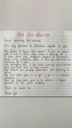 a piece of paper with writing on it that says self instruction good morning sir / madam