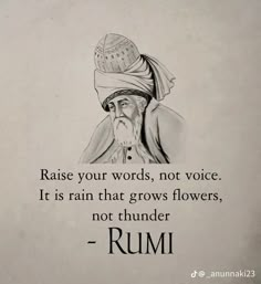 an old man wearing a turban with a quote from rumi on it