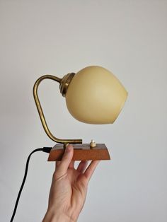 a hand is holding a lamp on a wooden base