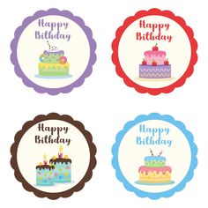 four happy birthday stickers in different colors and designs, each with a cake on it