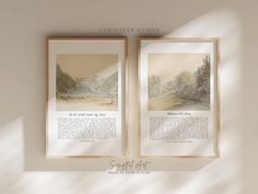 two framed pictures hanging on the wall next to each other, with text underneath them