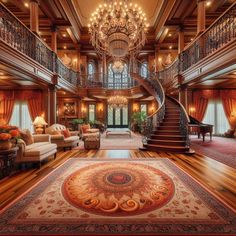 a large living room filled with furniture and a spiral stair case in front of a chandelier