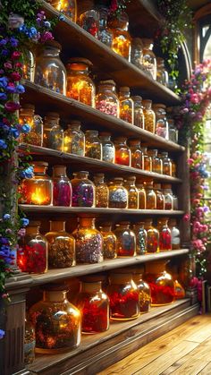 many jars filled with different types of flowers