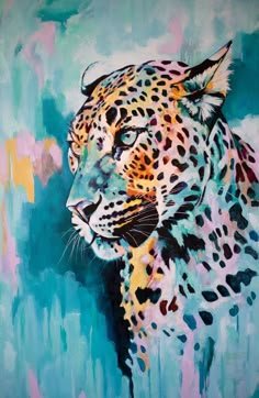 a painting of a leopard on a blue background