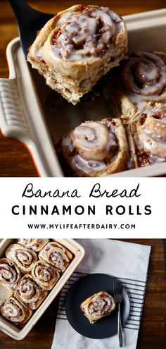 banana bread cinnamon rolls in a baking pan and on a plate with a fork next to it