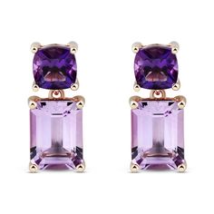 These stunning drop earrings showcase two gorgeous hues of amethyst set in chic 10K rose gold. A cushion-cut amethyst shines above an emerald-cut light amethyst for an unforgettable design. The earrings secure with friction backs.