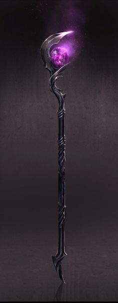 a purple and black stick with an intricate design on the end, in front of a dark background