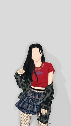 a drawing of a girl with long black hair wearing a red shirt and plaid skirt