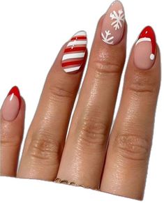 Red And White Christmas Nails Almond, Christmas Nails Candy Cane Stripes, Red Snowflake Nails Acrylic, Christmas Nails Ornaments, Christmas Nail Design Ideas, Coffin Shaped Christmas Nails, Candy Cane Nails Christmas, Christmas Nails Almond Red, Round Christmas Nails