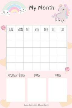 the printable unicorn calendar is shown in pink