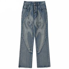 mid-waist jeans are made of cotton, have a button fly, and are embroidered with flame graphics. Flame Embroidery, Patchwork Embroidery, Embroidery Denim, Autumn Outwear, Mid Waist Jeans, Trousers Men, Vintage Wardrobe, Jeans Y2k, Trendy Summer Outfits