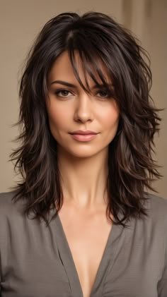 Dark Brown Hair With Highlights For Women Over 50, Hair Cuts With Face Framing Layers, Short Layers On Top Long On Bottom Hair, Long Layers For Fine Hair, V Haircut For Medium Hair, Medium Hair With Bangs And Layers, Layered Shaggy Hair, Very Layered Hair Medium Over 50, Layers Haircut