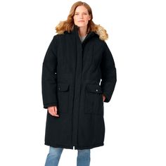 Our warmest coat ever made in an extra long length. Weather anything with a water-resistant outer and double-lined Thinsulate insulation with cozy down filling. The fleece-lined pockets and hood add an extra later of coziness along with a removable faux-fur trim. Chest pockets, outer flap pockets and inside pockets keep all your essentials near, and knit storm cuffs on the sleeves help keep your body heat in. Womens Tailored Suit, Arctic Parka, Spring Blazer, Womens Parka, Woman Within, Womens Crewneck, Warm Coat, Body Heat, Linen Women