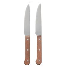 two large knives with wooden handles on each side, one is white and the other is brown