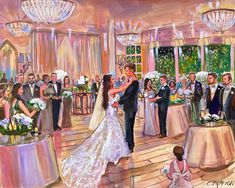 a painting of a bride and groom dancing in front of their guests at a wedding reception