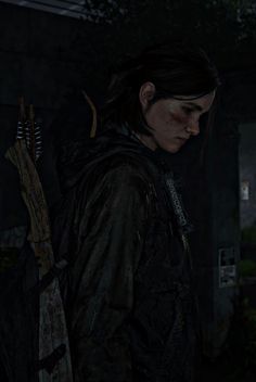 the last of us's character is standing in front of a building with an arrow